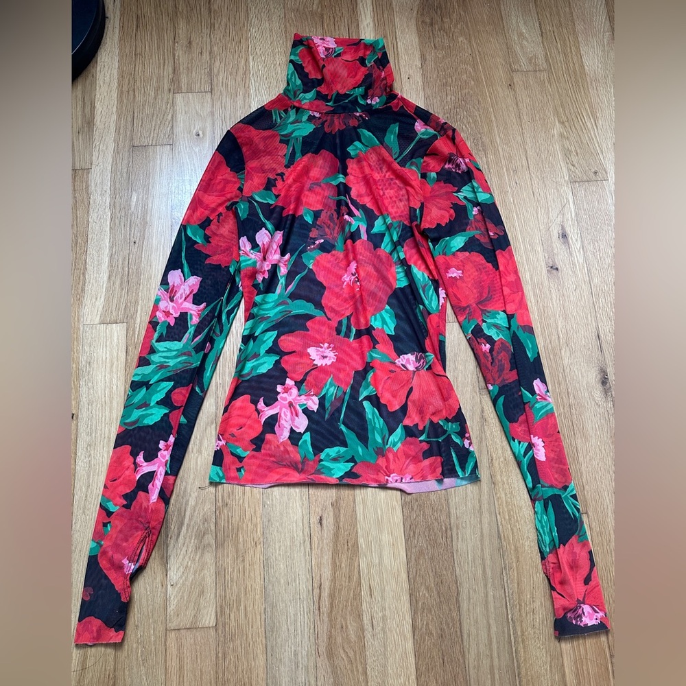 AFRM Red and Pink Fitted Blouse with Mandarin Collar